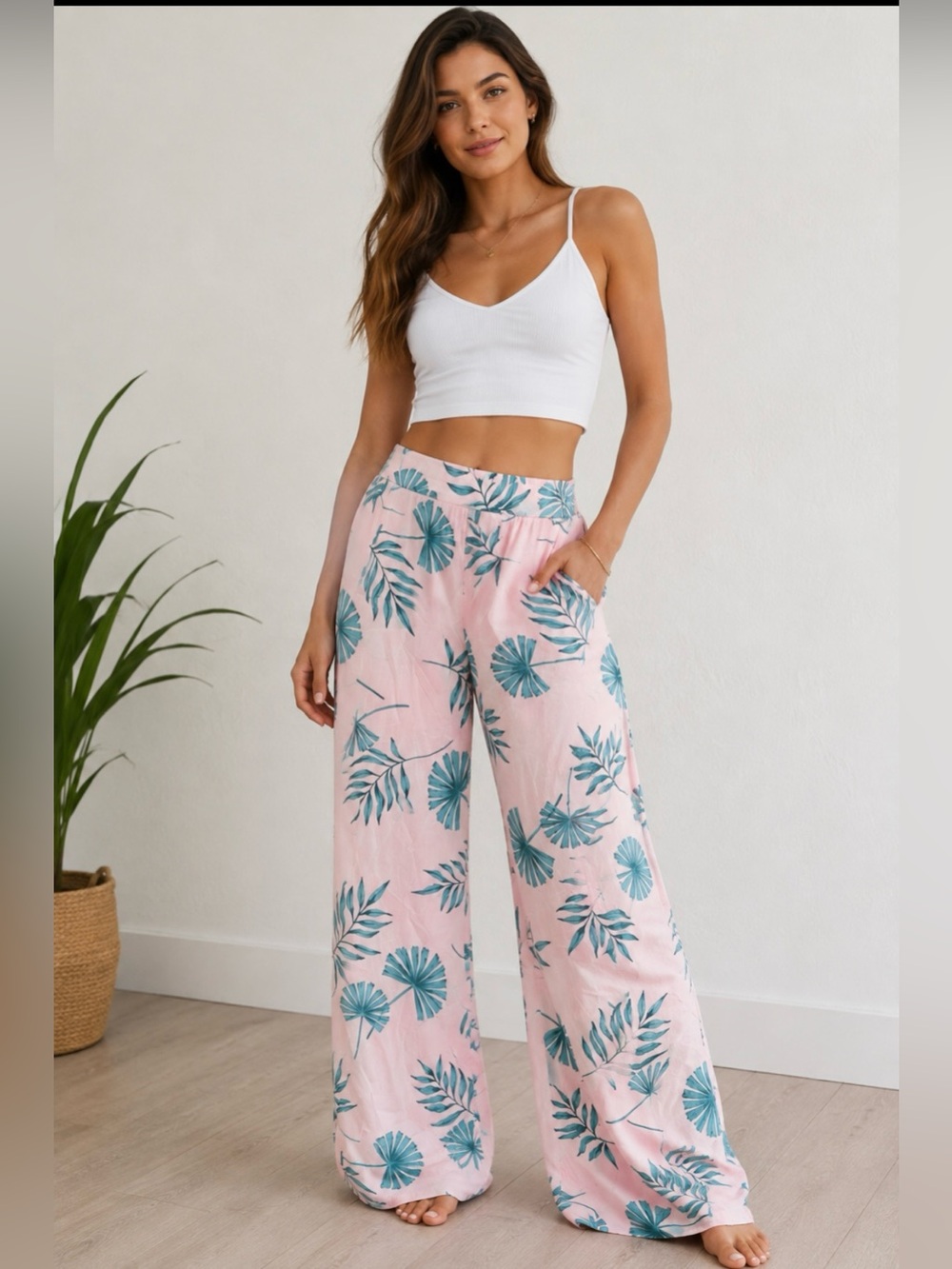 sisstrevolution Pink Wide-Leg Pants with Teal Leaf Print, Sz XS